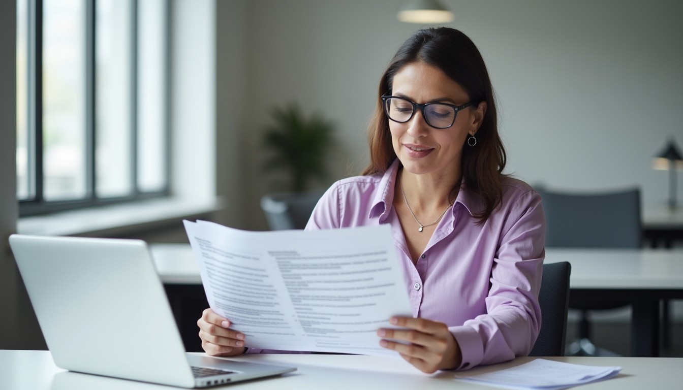 A business owner reads a printed copy of the WHS Act while referencing digital tools on her laptop, highlighting key compliance responsibilities.