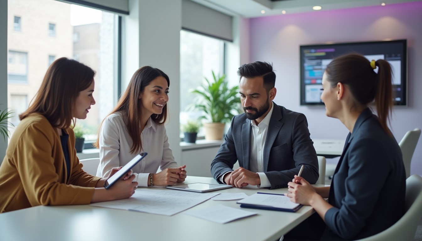 A diverse group of professionals reviewing a workplace health and safety plan in a modern, minimalist office. A woman leads the discussion at a digital screen while others take notes, highlighting team engagement in safety planning.