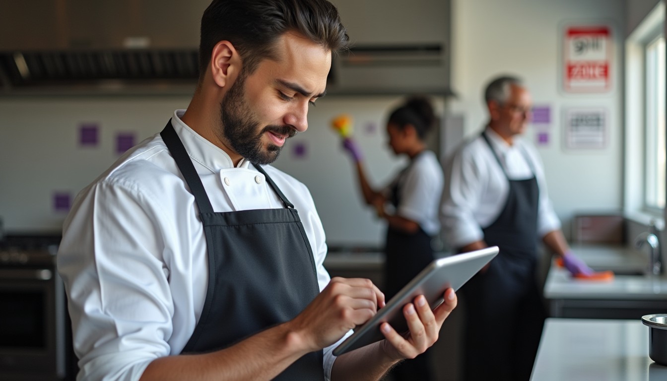 Three hospitality workers from diverse backgrounds perform simple daily safety checks in a modern café kitchen. One uses a digital checklist while others maintain a clean and hazard-free workspace.