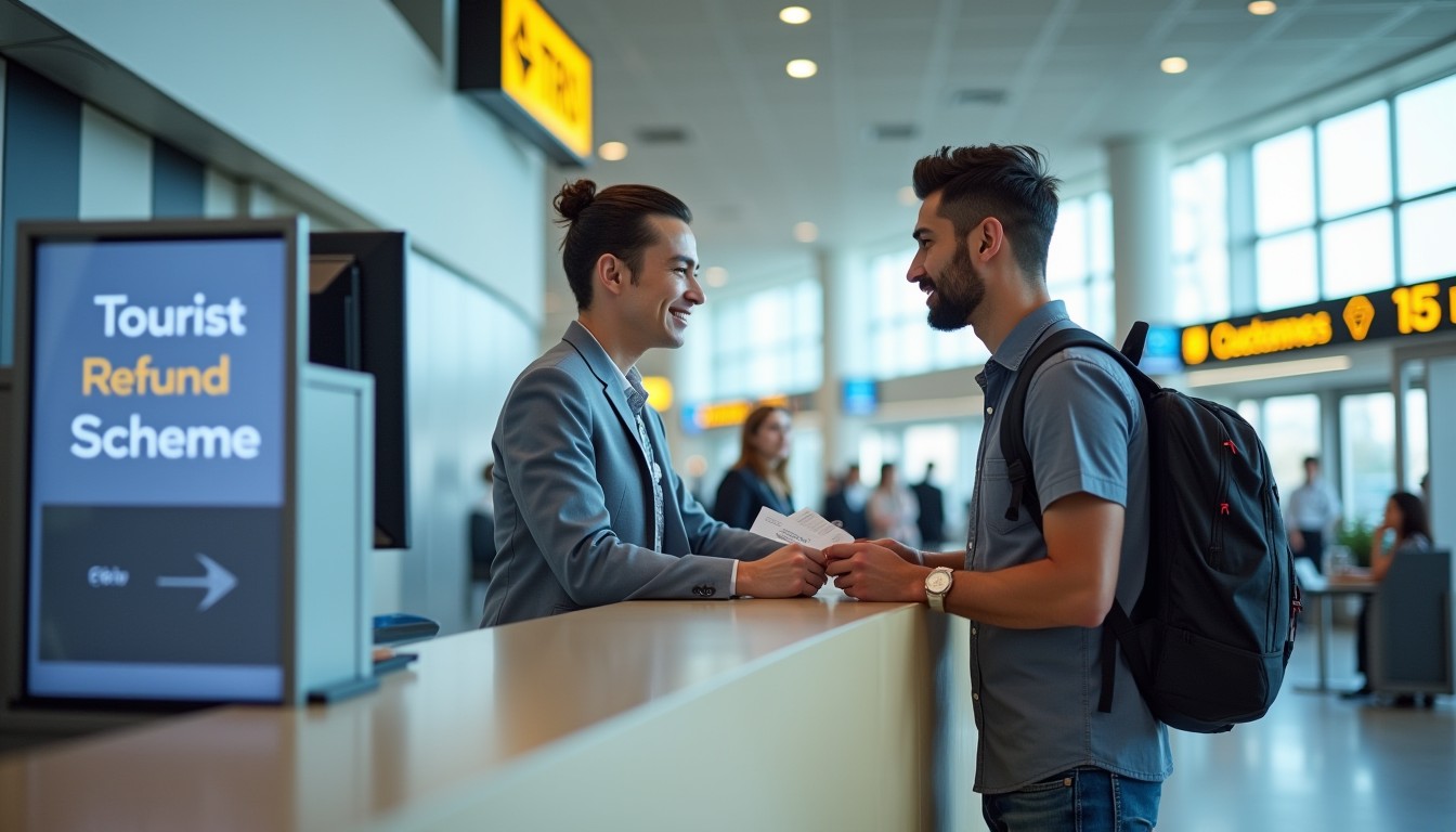 A traveller at an Australian airport claims a GST refund at the TRS counter, presenting a tax invoice to a customs officer.