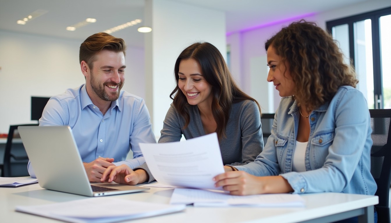 A group of diverse professionals registering for GST on a laptop in a modern office. They review business documents and collaborate on tax compliance.