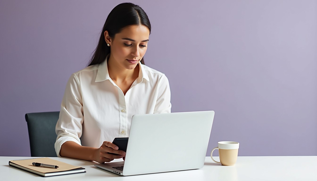 A business owner calculates GST on an invoice using a laptop and calculator in a bright, organised workspace.