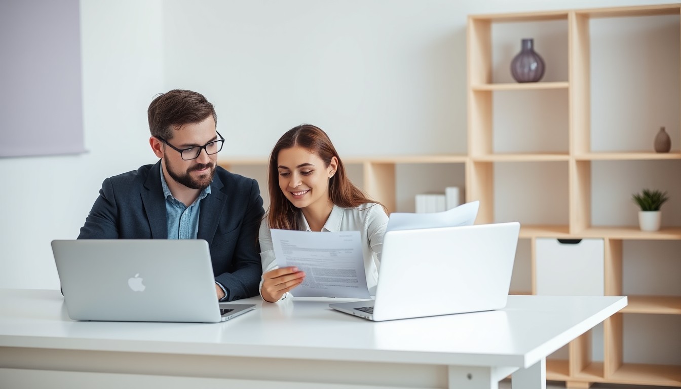 A man and a woman in a modern office, working together to review documents on a tablet. The scene represents the process of applying for an ABN, highlighting teamwork and professionalism in a clean, organized workspace.