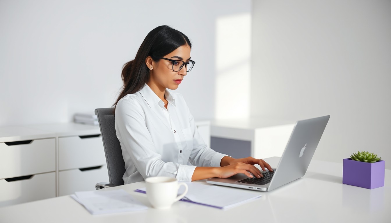 A Middle Eastern woman working alone at a minimalist office desk, focused on completing her ABN application on a laptop. The image represents the sole trader's process of applying for an ABN in a clean and organized environment.