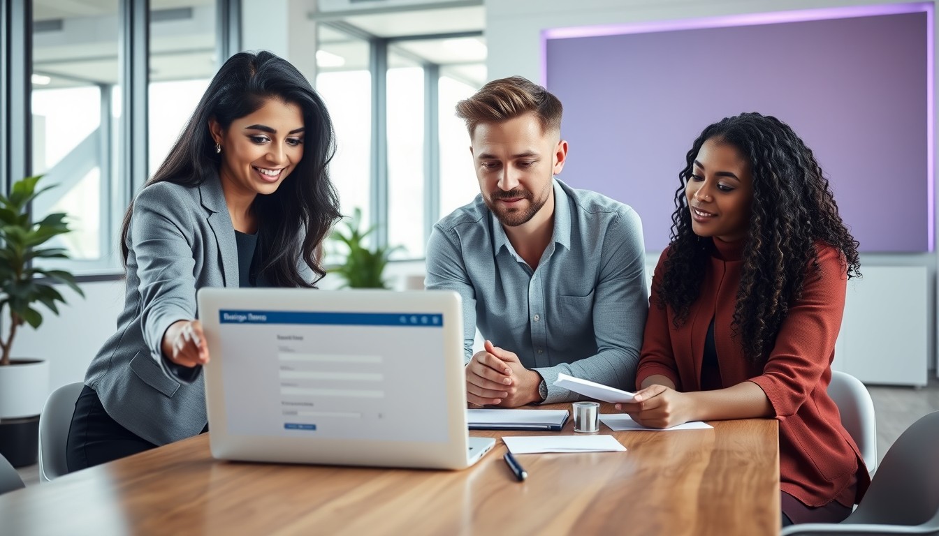 A South Asian woman, a Caucasian man, and a Black woman collaboratively discussing business name registration on a laptop in a bright, minimalist meeting room. The scene highlights teamwork and professional engagement in the business naming process.