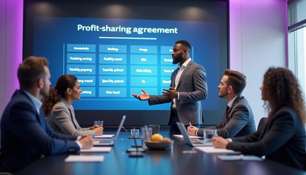 A Black male professional presents profit-sharing strategies to a diverse team in a modern conference room with a digital display artwork