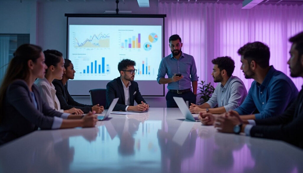 A diverse group of professionals collaborates in a modern office, discussing financial reports related to profit-sharing plans artwork