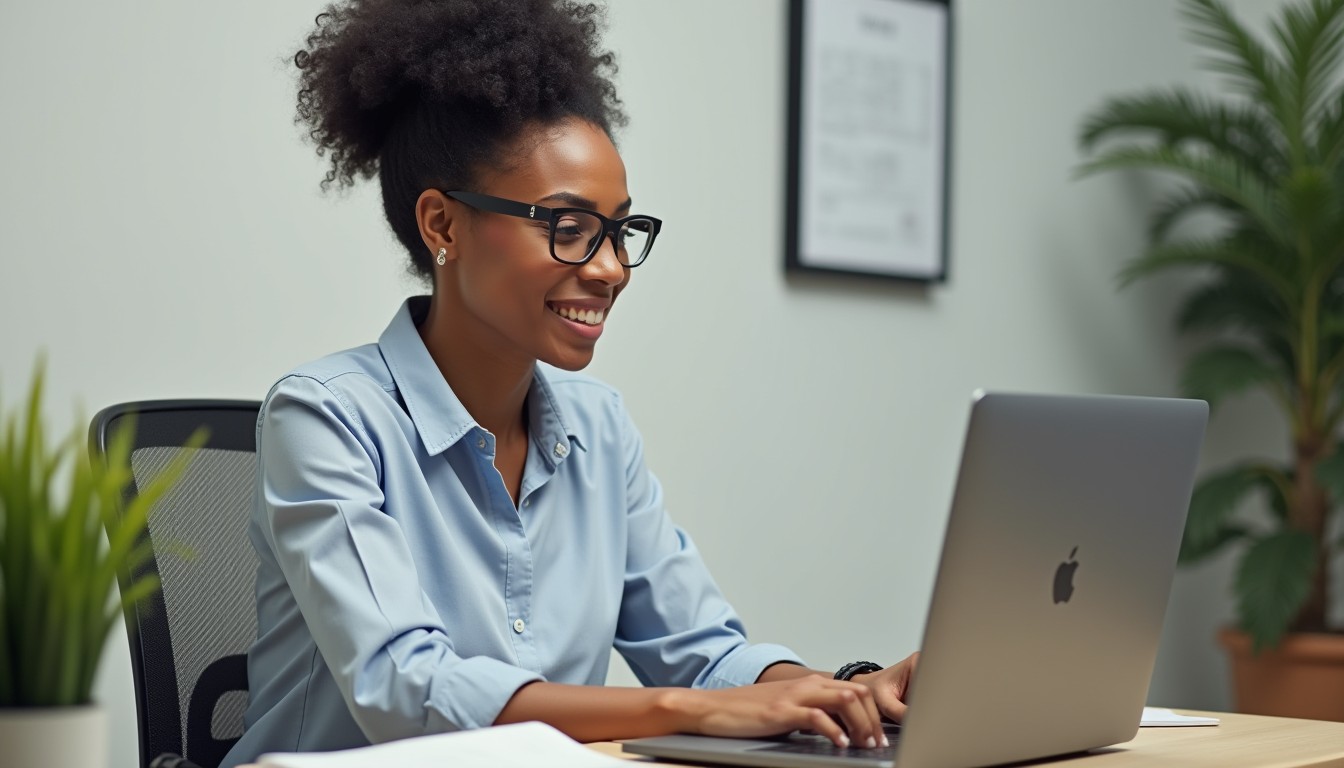 A professional woman of colour sitting at a tidy desk in a home office setup, focused on creating a detailed business quote using a desktop computer. Her screen shows a quote builder interface with clear line items, tax fields and terms. The workspace includes soft lighting, minimal clutter, a small plant and subtle purple gradient tones in the UI on screen. She appears confident and focused. The background shows a clean wall with a framed quote or calendar.