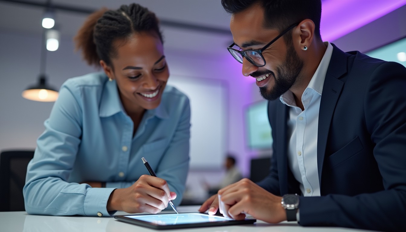 A man signing a business quote on a tablet while a colleague looks on, representing fast and simple digital quote approval in a professional office setting.