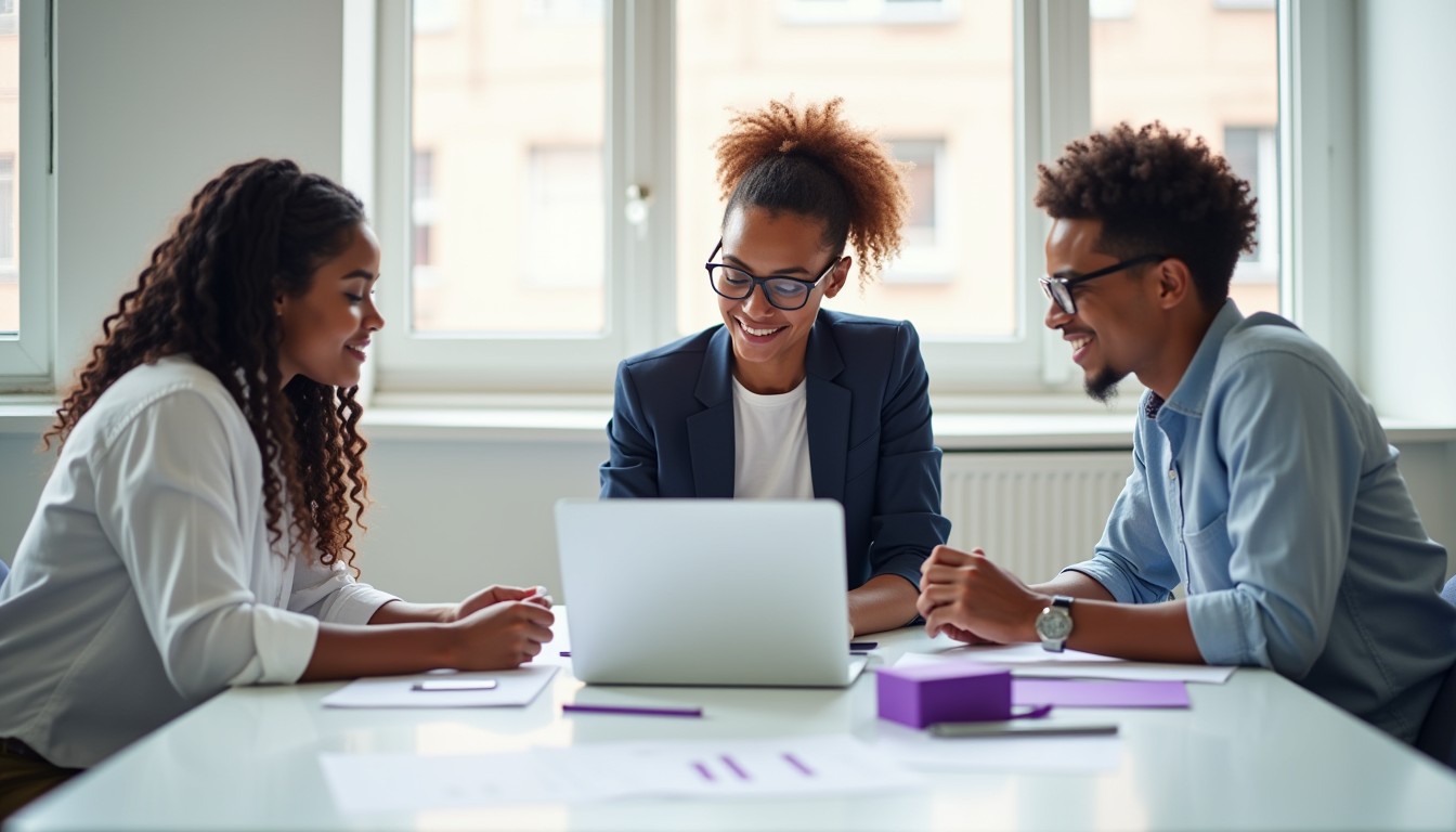 A diverse team of professionals collaborating in a modern office while reviewing a business quote on a laptop, reflecting teamwork and clarity in quote preparation.