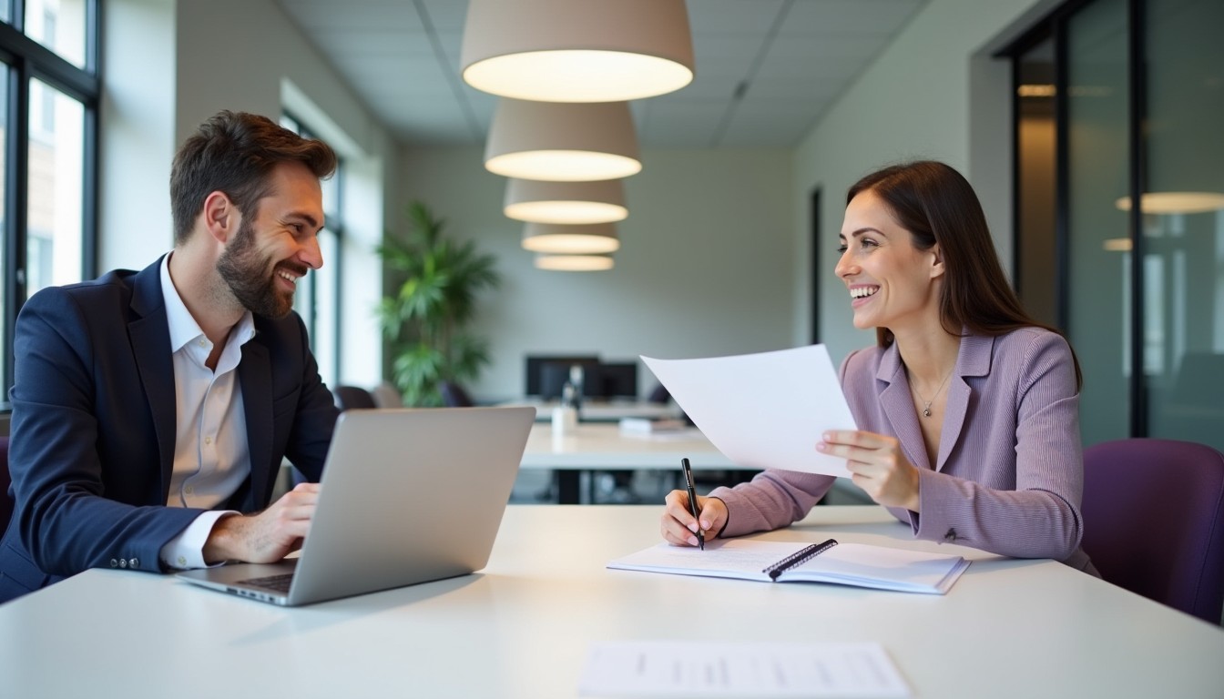 A business professional signing an enterprise agreement at a modern desk while discussing compliance with a colleague
