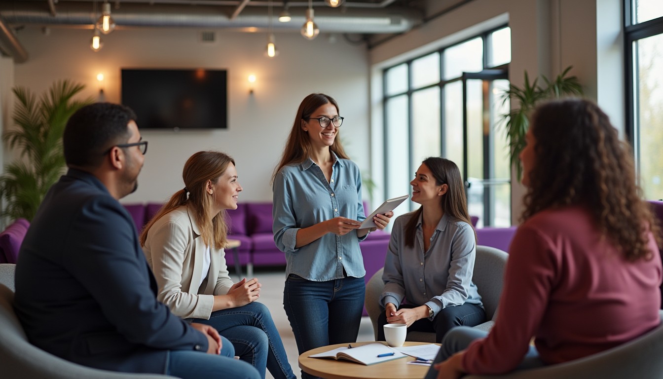 A diverse group of employees discussing the benefits of an enterprise agreement in a modern breakroom, with a team leader presenting key entitlements