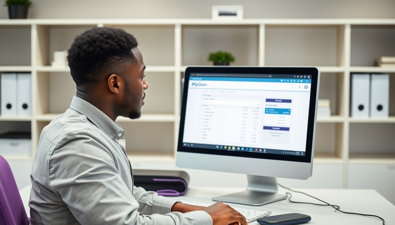A diverse group of professionals collaborating on PAYG payment summaries in a modern office, with payroll data displayed on a digital screen.