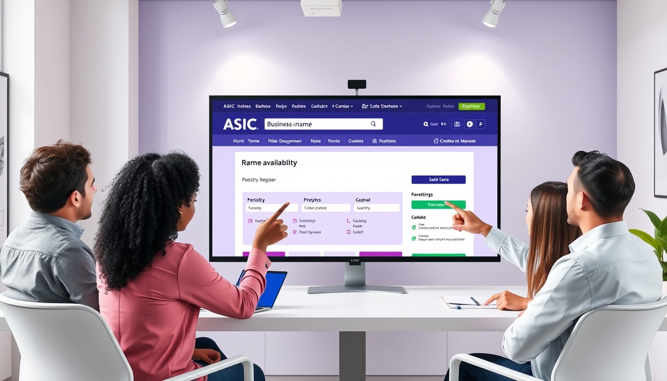 A diverse group of professionals collaborates in a modern workspace while using the ASIC name availability tool on a monitor, symbolising the process of registering a business name.