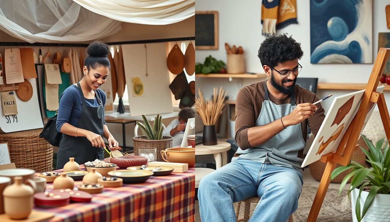A comparison between a small business owner at a market stall with handmade products and a hobbyist painting at home, highlighting the distinction between business and hobby activities.