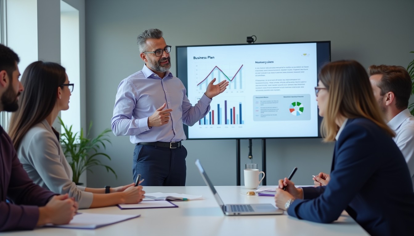 A real estate agency owner presenting a business plan to a diverse team in a modern office space.