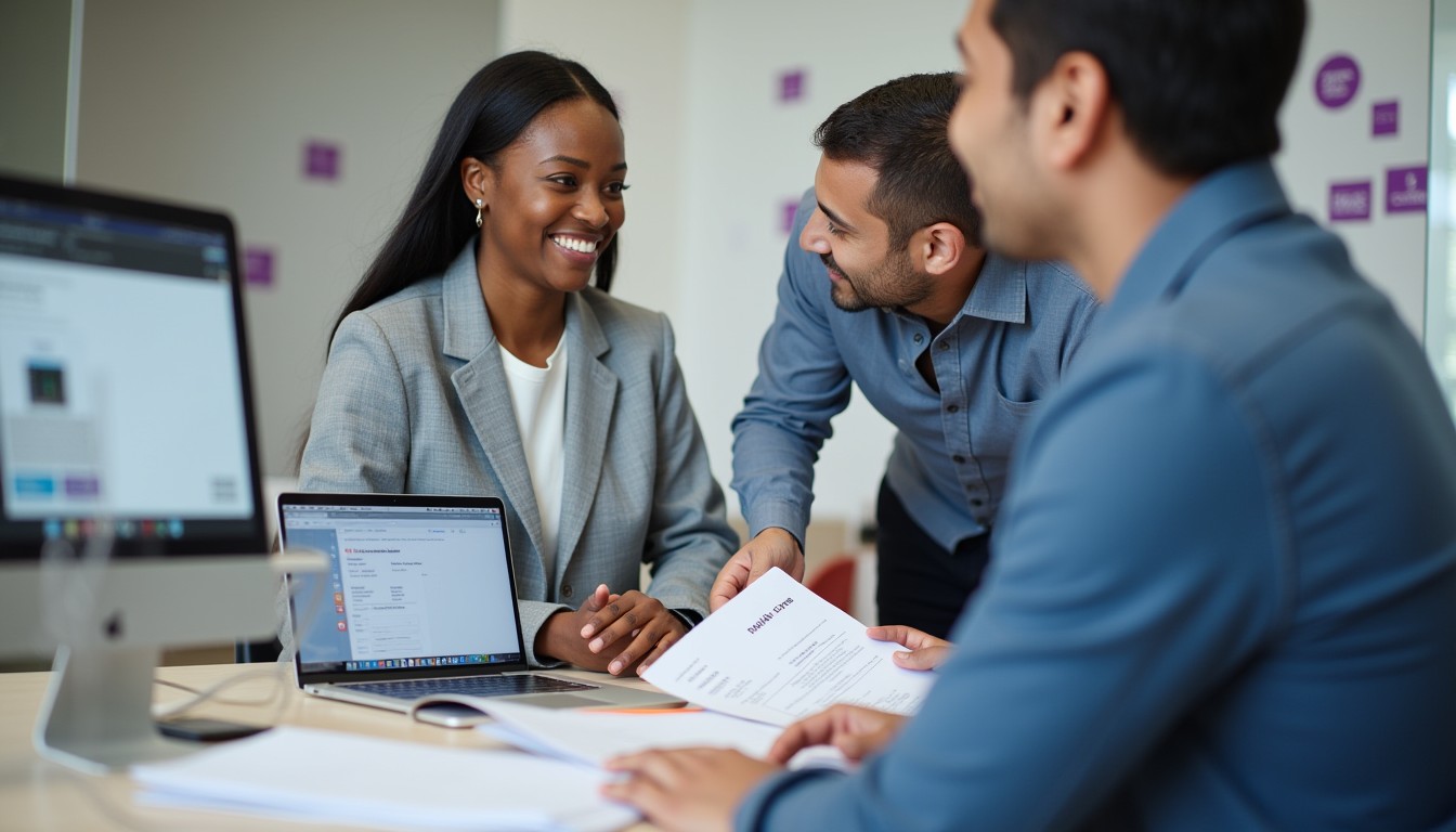 A real estate applicant reviewing her licensing documents with a mentor in a modern office environment.