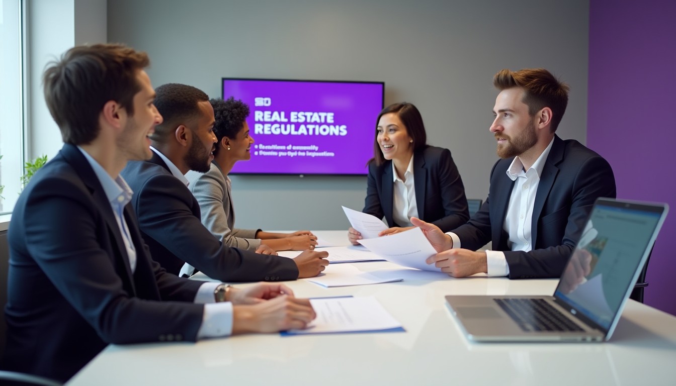 A diverse group of real estate professionals discussing different types of real estate licences in a modern office setting.