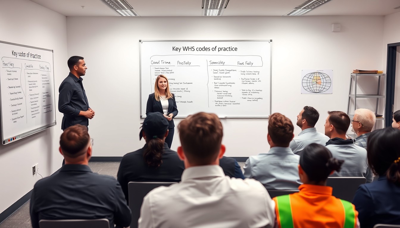 A focused professional reviewing safety audit documents and compliance checklists in a minimalist office, emphasizing attention to detail in WHS audits for compliance. These images align with the blog's content, providing visual support for key ideas such as understanding codes of practice, training, and compliance audits, while maintaining a polished and inclusive aesthetic.