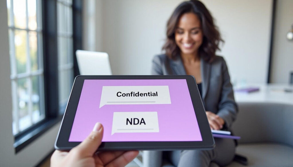 Businesswoman reviewing a digital non-disclosure agreement document artwork