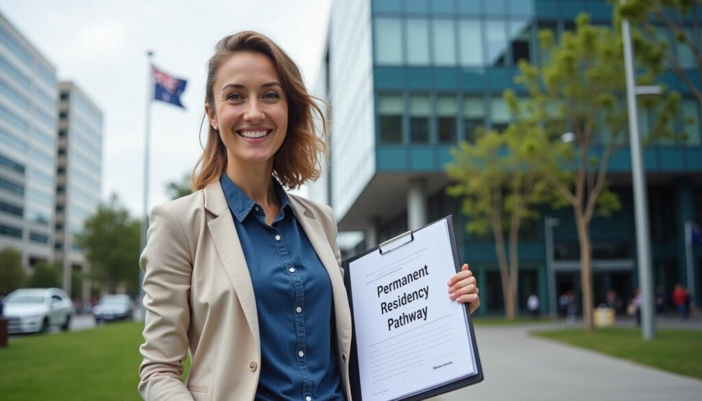 A skilled professional holding a Permanent Residency Pathway folder near an office building with an Australian flag showcasing 482 visa opportunities artwork
