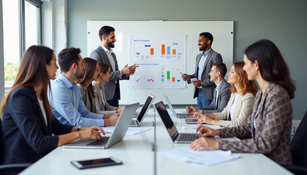 A diverse team collaborating in a modern office, showcasing the 482 visa's impact on labour shortages artwork