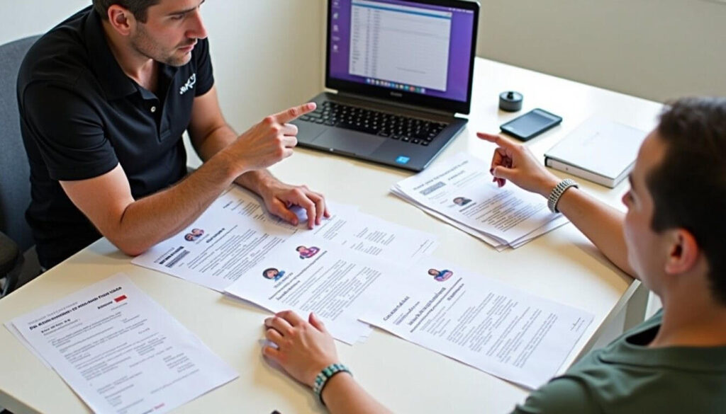 An individual reviewing documents with a professional's assistance, highlighting skills assessments and occupation lists for the 482 visa artwork