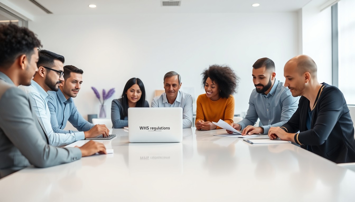 A diverse group of employees participating in a WHS training session, with trainers guiding them through safety regulations and codes of practice, creating a focused learning environment.