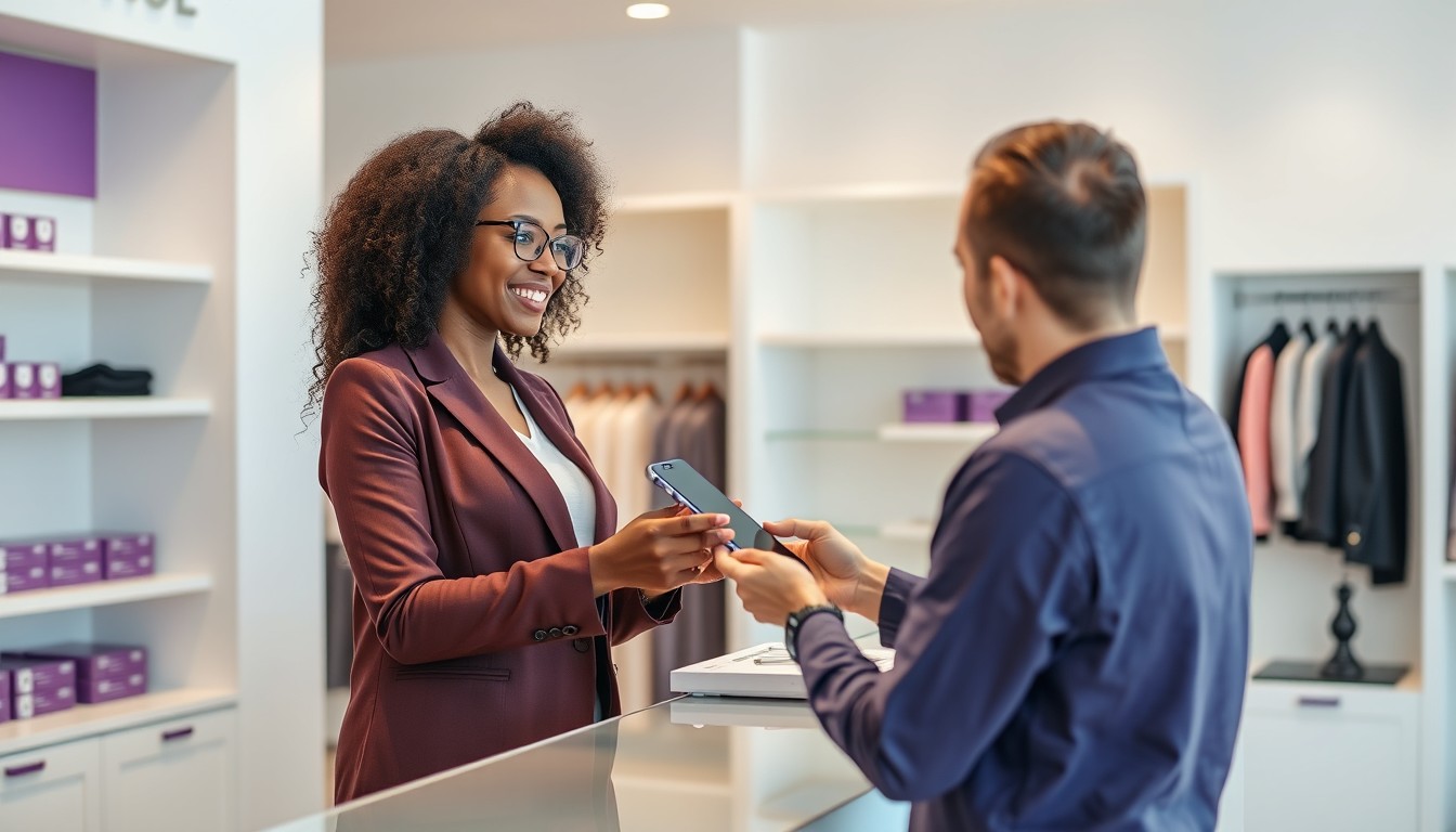A professional woman receiving a digital receipt on her smartphone from a store assistant in a minimalist retail environment. The scene highlights the transition to digital receipts in modern business practices.