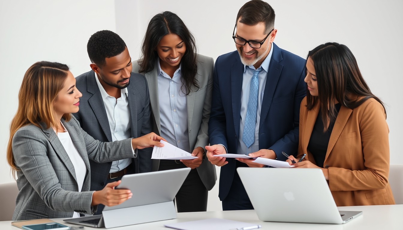 A young, diverse group of professionals working together to manage and organise digital receipts on a laptop and tablet. The modern office setting reflects the streamlined approach to receipt storage and organisation.