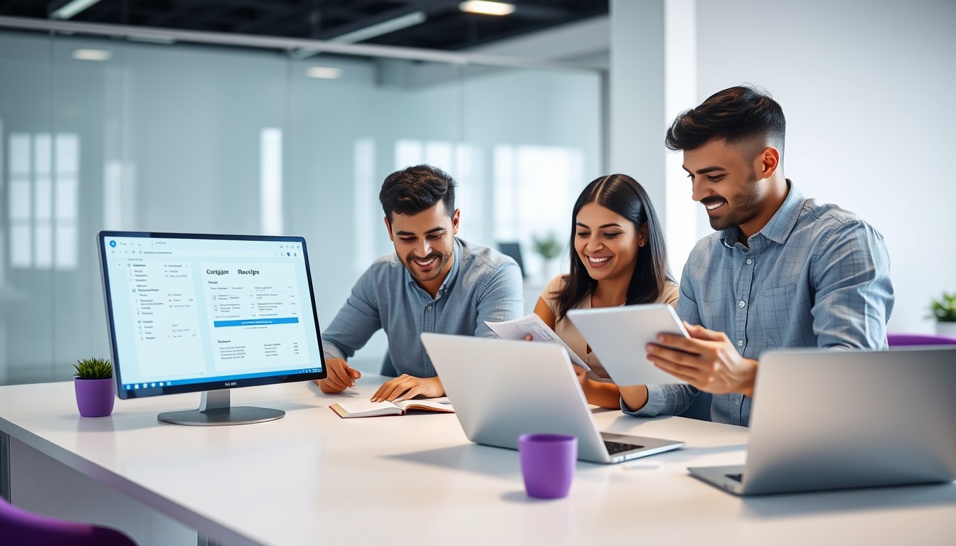 A group of diverse professionals discussing legal documents and a digital receipt in a modern office. A tablet displays a receipt example while a laptop is used for taking notes, highlighting business compliance with Australian consumer law.
