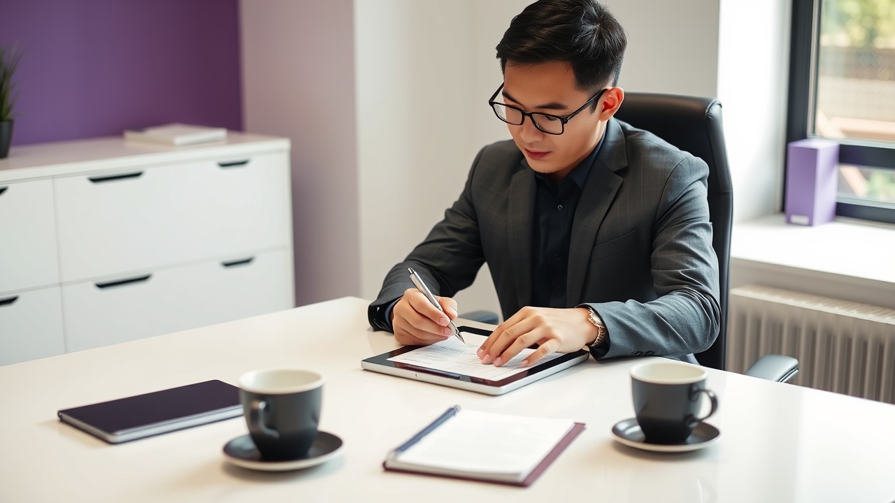 Professional man signing a digital promissory note in a clean, modern office. The scene highlights how individuals can use negotiable instruments to secure business commitments efficiently.