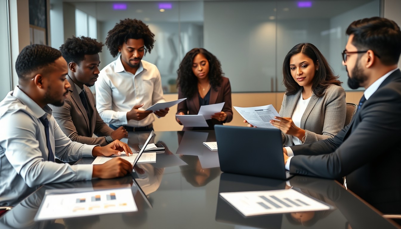 A diverse group of professionals in a modern office setting discussing the steps involved in creating a trust. One person is drafting a trust deed on a laptop, while others review documents, embodying collaboration and focus in trust formation.