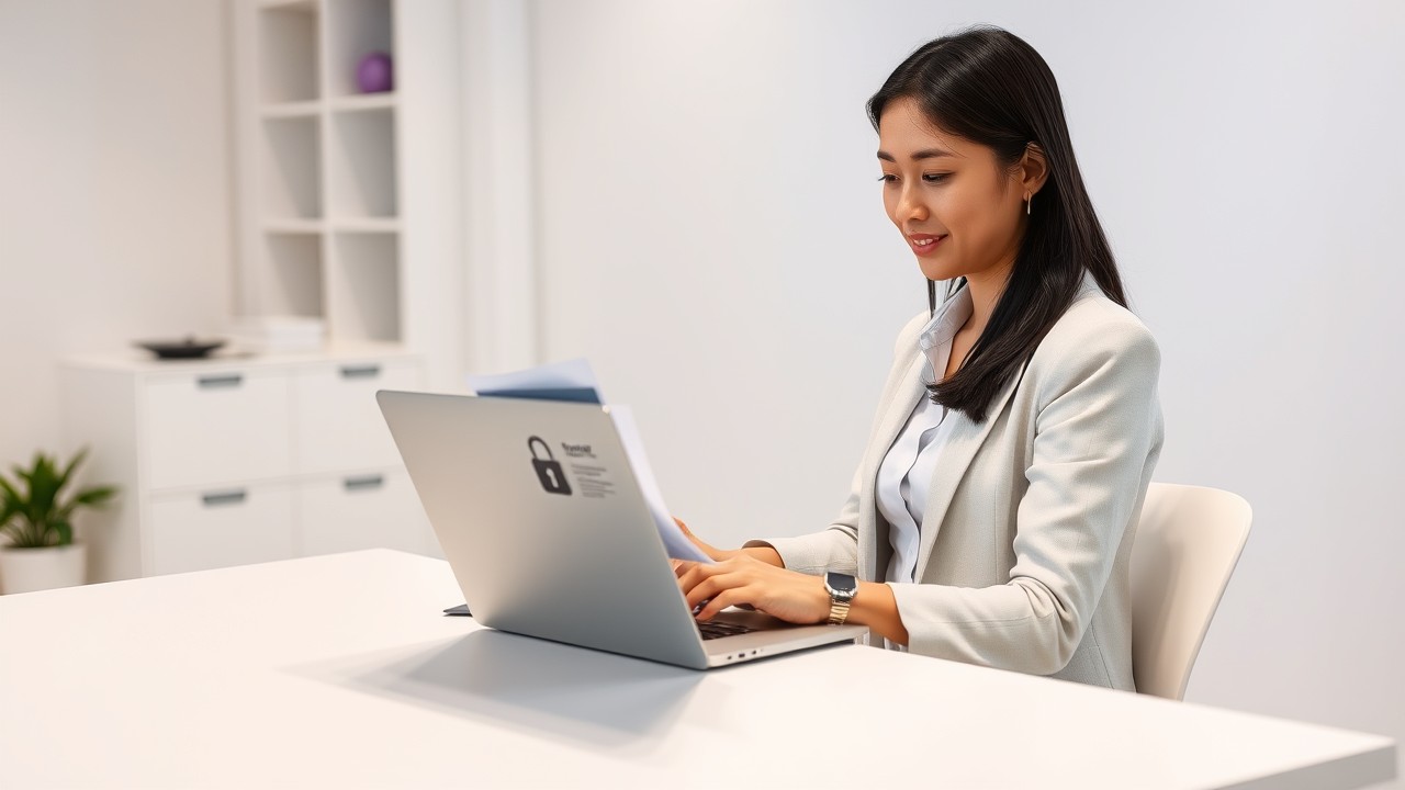A focused professional reviewing secure digital documents on her laptop in a minimalist office, highlighting the importance of privacy and confidentiality in business.