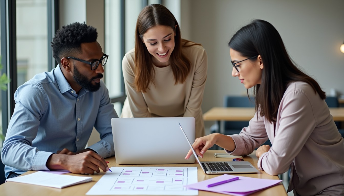 A team of professionals plan their business setup and registration process in a bright, modern workspace.