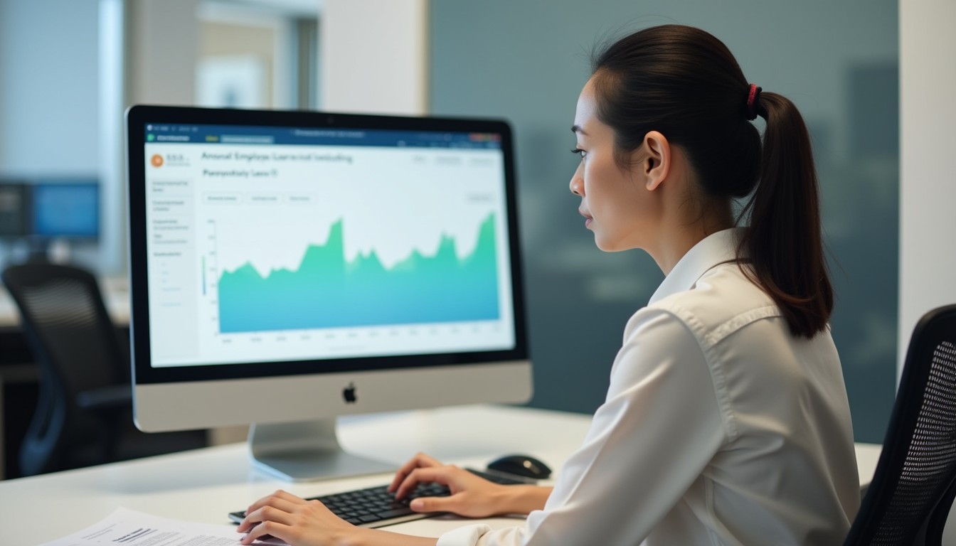 A HR professional reviews digital leave entitlements on screen in a tidy office, helping manage NES requirements like annual and parental leave.