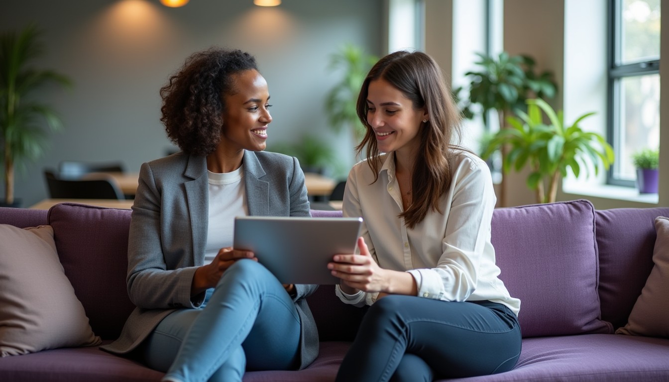 A casual employee and HR coordinator review the Casual Employment Information Statement on a tablet in a comfortable breakout area.
