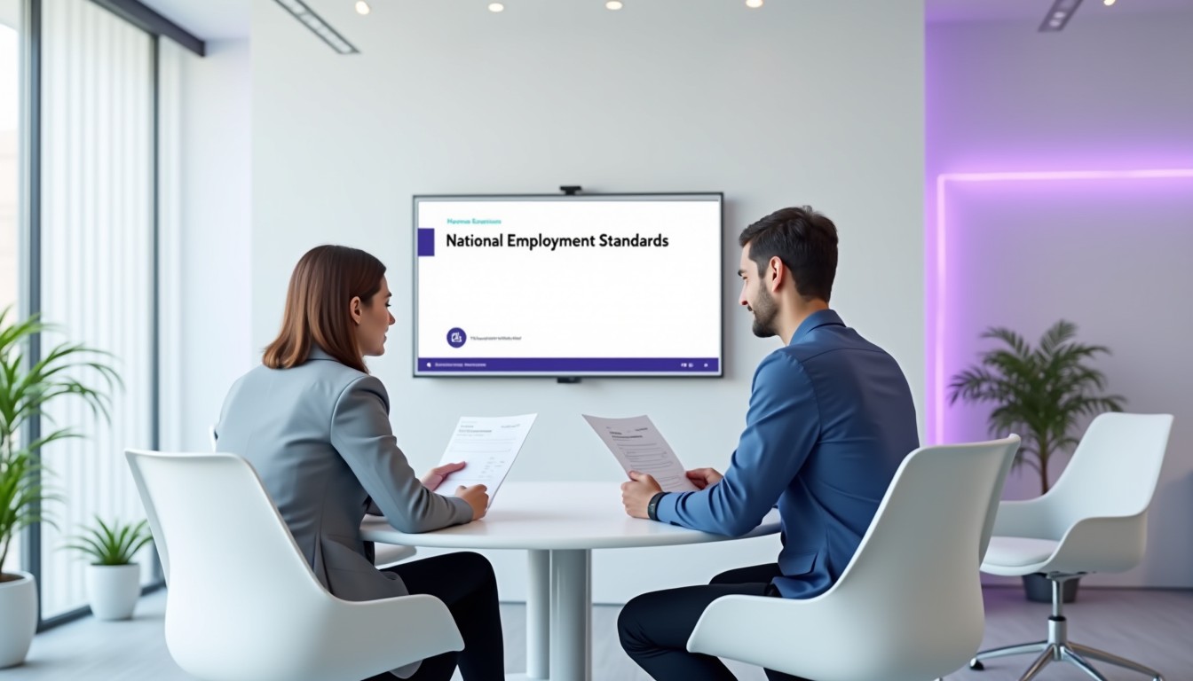 Two professionals reviewing workplace entitlement documents in a clean, modern office. They appear engaged and collaborative, supporting a discussion on the National Employment Standards.