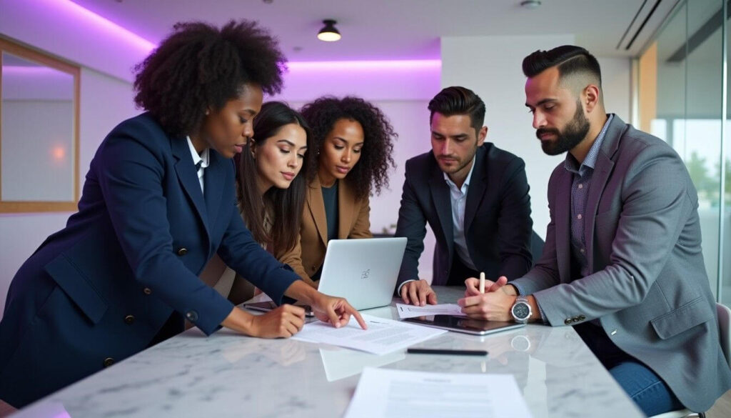  Diverse professionals reviewing contracts in a modern office to avoid unconscionable conduct artwork