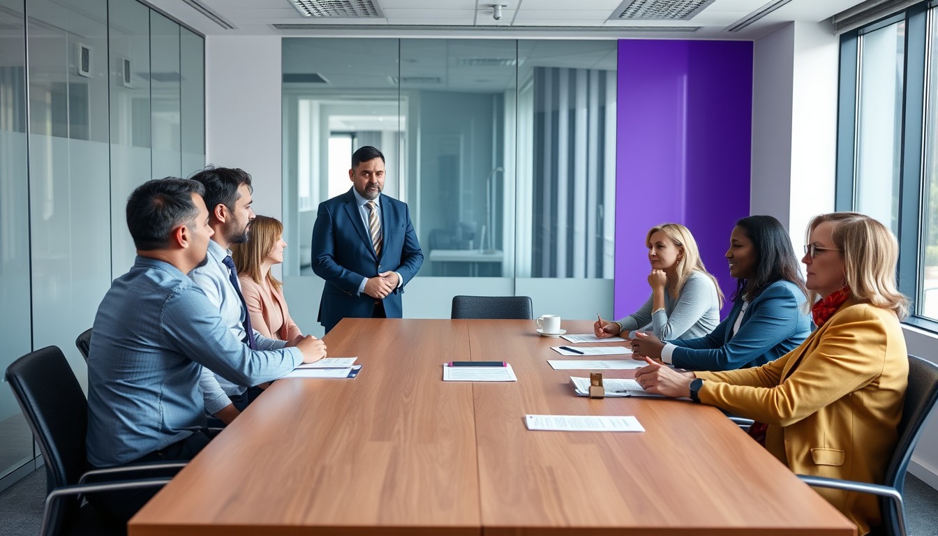 A male business owner with an African background speaking to her diverse team about managing redundancy in a small business. The setting reflects a professional yet casual environment.