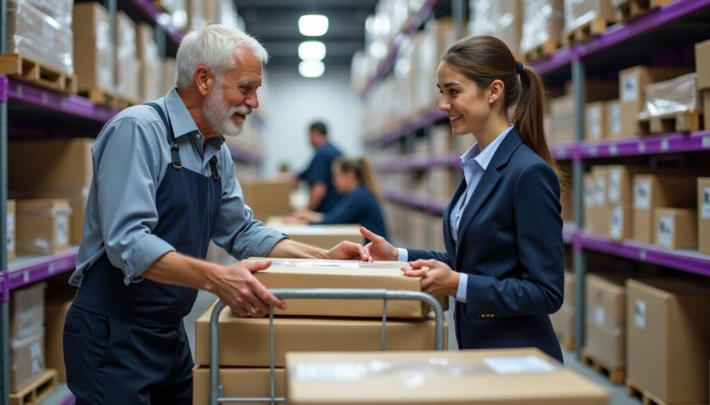A consignor delivering goods to a consignee in a modern warehouse, with clearly labeled goods and workers organising inventory in the background artwork
