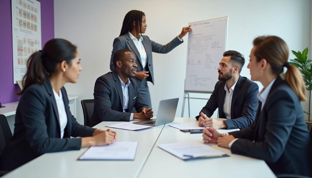 Legal professionals of diverse backgrounds discuss types of stays of proceedings in a modern office. A whiteboard outlines legal stay categories artwork