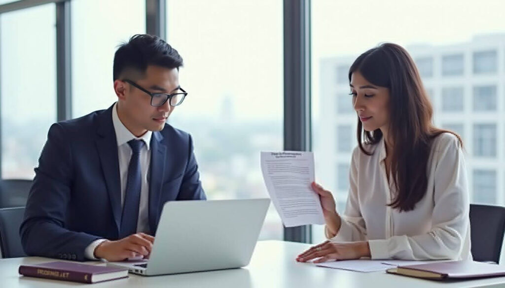 A business executive and a lawyer review a Stay of Proceedings Request. A legal book labeled "Proceedings Act" sits on the desk artwork