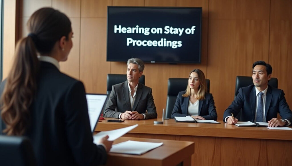 A lawyer presents a stay of proceedings request to a judge in a courtroom. Two professionals review paperwork in the background artwork