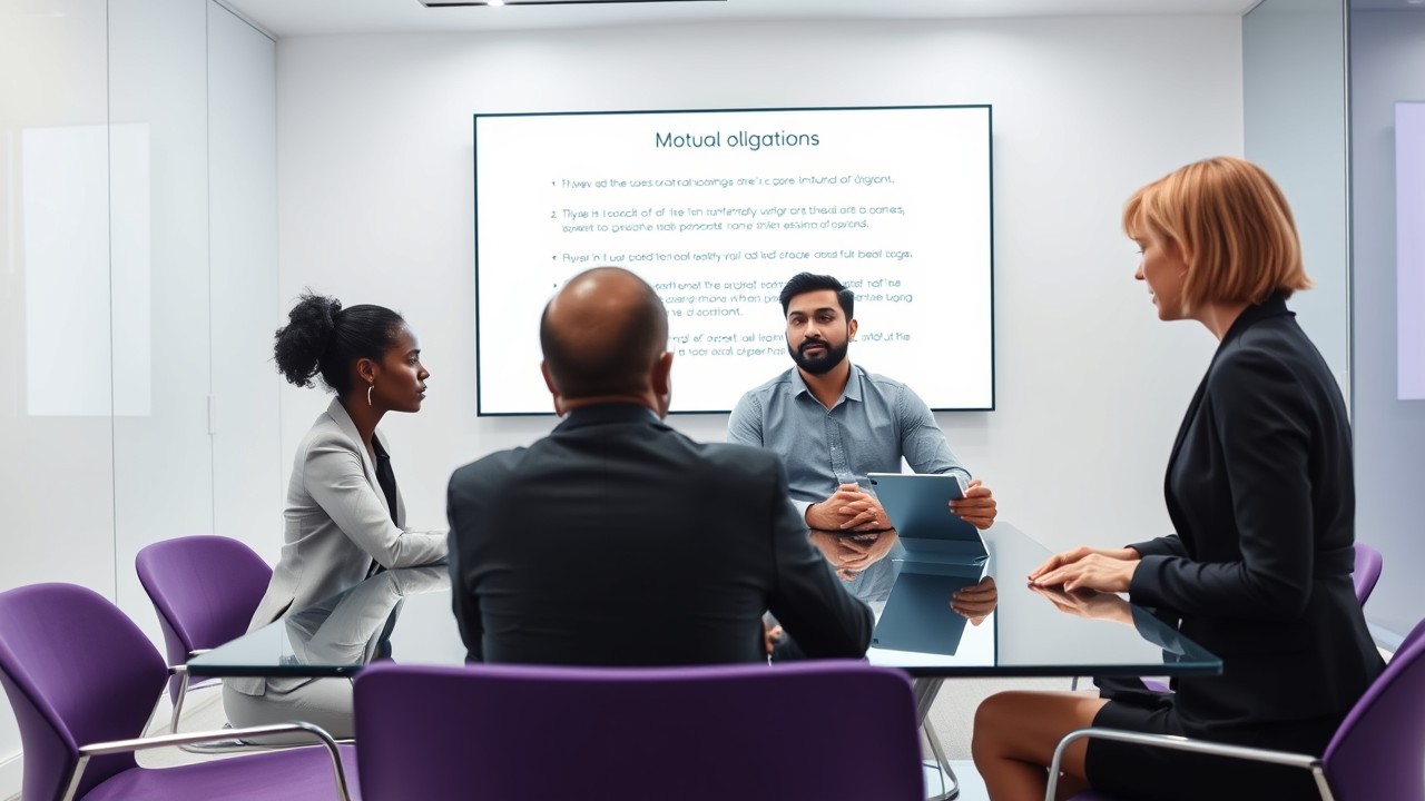 A diverse group of professionals, including a Black woman, South Asian man, and white woman, discuss a contract at a modern meeting table with a digital agreement projected in the background. The scene illustrates mutual obligations in a bilateral business contract.