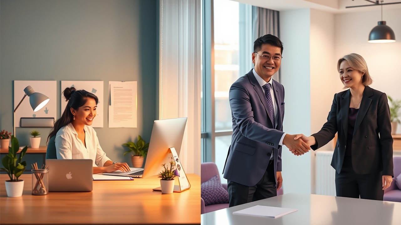 A Black man reviews a contract on dual monitors at a minimalist desk, while a Middle Eastern woman in the background engages in a call. The setup showcases legal clarity and efficient contract drafting in a professional, well-organized space.