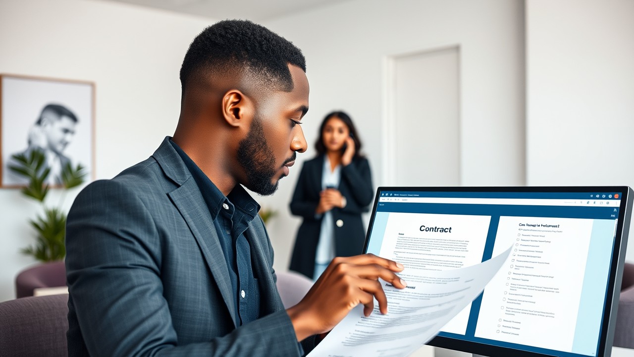 Split image showing a Latina woman completing a solo online task at home (unilateral contract) and two professionals, a white man and East Asian woman, shaking hands over a signed agreement in an office (bilateral contract). This visual contrasts the practical use of both contract types.