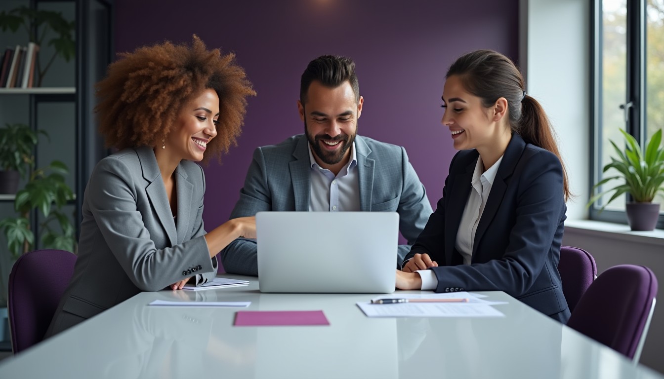 A professional team in a modern conference room using Business Kitz legal templates to safeguard their business from libel risks. A laptop displays contract documents.