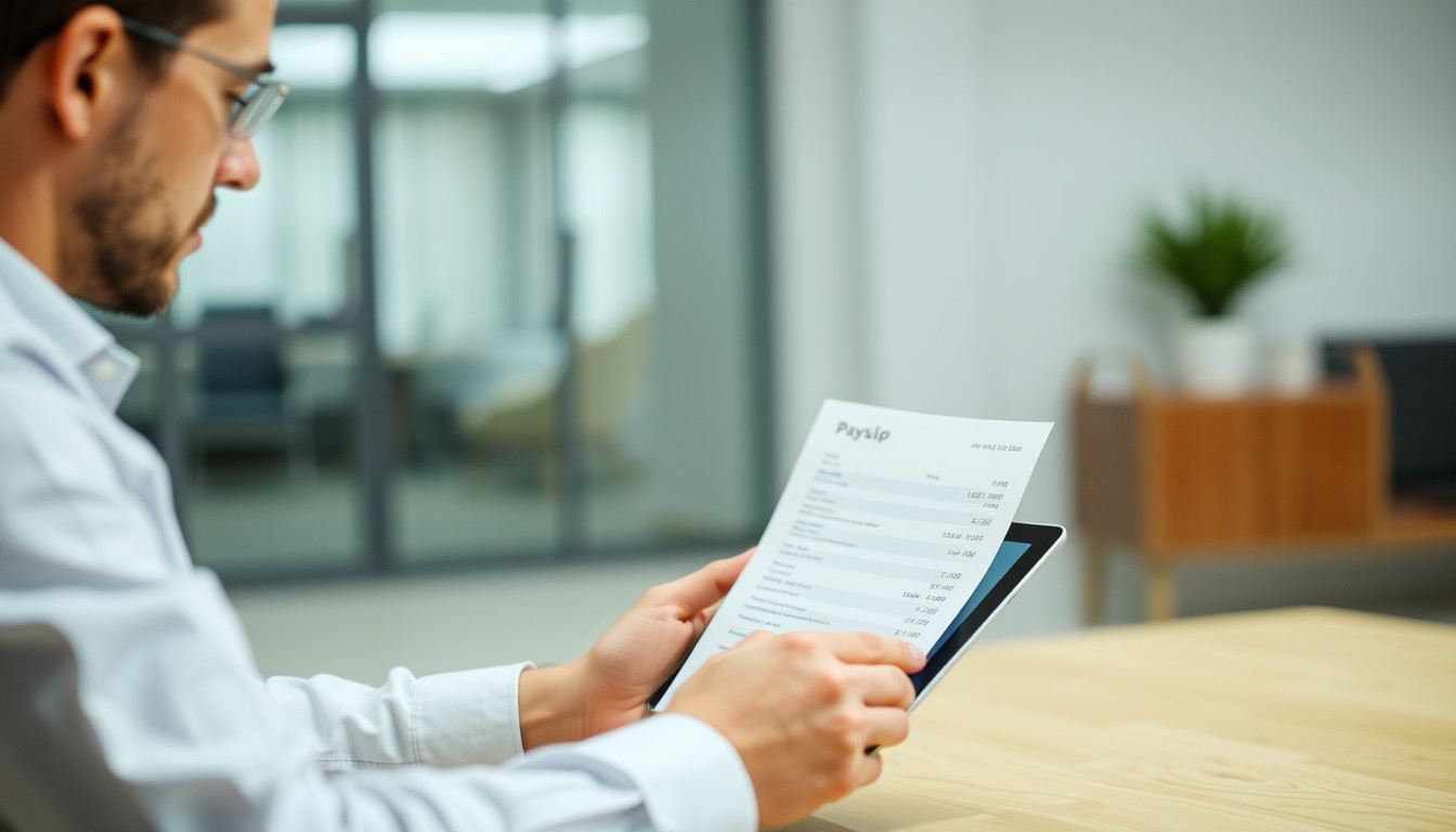 A professional in an office reviewing a digital payslip on a tablet, representing payroll compliance and pay accuracy in the workplace.