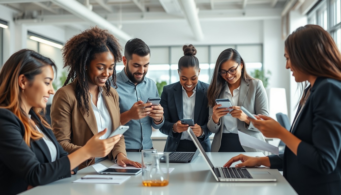 Employees receiving digital payslips via their smartphones in a modern office environment, representing the shift towards electronic payslips in the workplace.